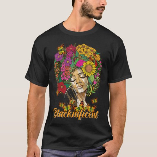 Blacknificent Floral Afro Hair Butterfly African A Tシャツ (正面)