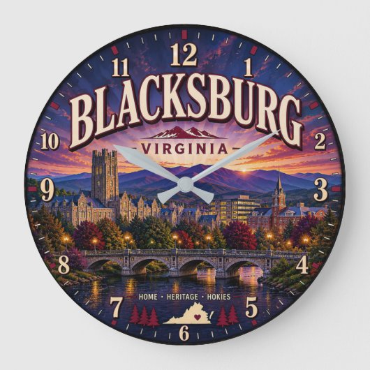 Blacksburg Virginia Mountain College Town  ラージ壁時計 (正面)