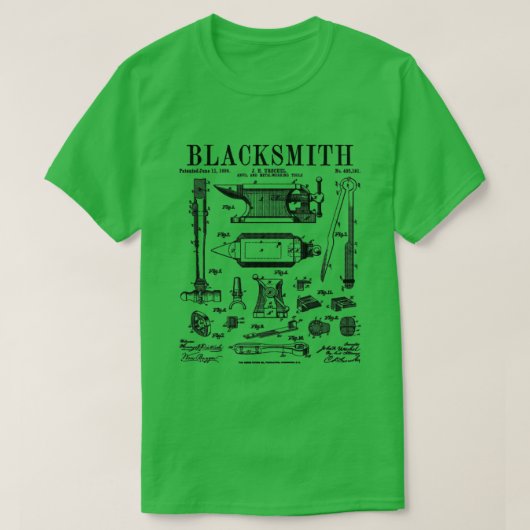 Blacksmith Anvilおよびツールヴィンテージ特許スケッチ Tシャツ (デザイン正面)