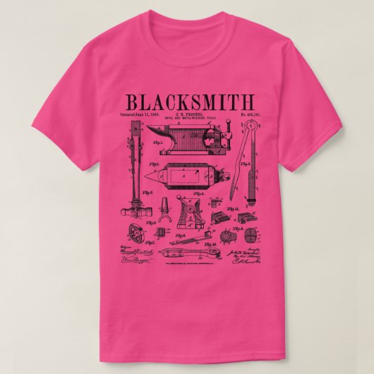 Blacksmith Anvilおよびツールヴィンテージ特許スケッチ Tシャツ (デザイン正面)