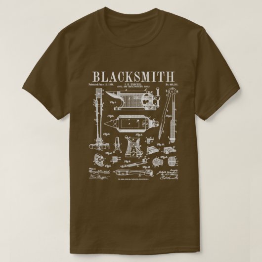 Blacksmith Anvilおよびツールヴィンテージ特許スケッチ Tシャツ (デザイン正面)