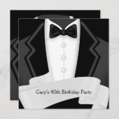 BlackTuxedo Mans白黒40歳の誕生日パーティー 招待状 (正面/裏面)