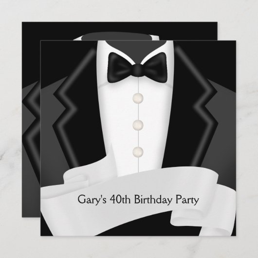 BlackTuxedo Mans白黒40歳の誕生日パーティー 招待状 (正面/裏面)