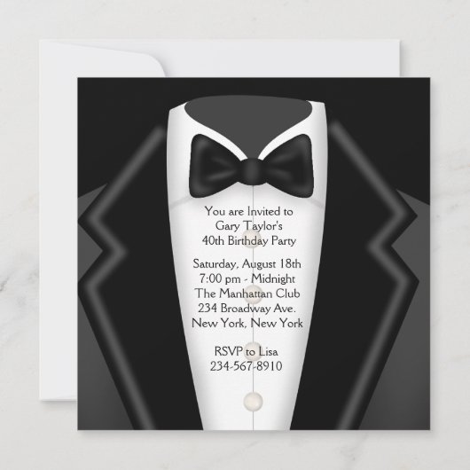 BlackTuxedo Mans白黒40歳の誕生日パーティー 招待状 (裏面)