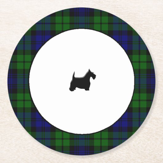 Blackwatchの格子縞の黒のスコッチテリア ラウンドペーパーコースター (正面)