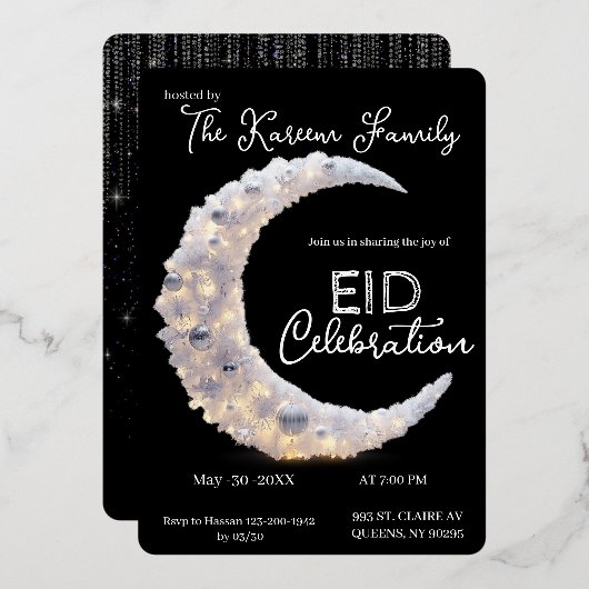  Blackwhite elegant Crescent Eid Party Invitation  箔シーズンカード (正面/裏面)