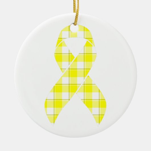 Bladder Cancer Awareness Plaid Yellow Ribbon セラミックオーナメント (正面)