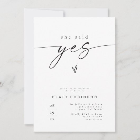 BLAIR写真モダン彼女が言ったYesブライダルシャワー 招待状 (正面)