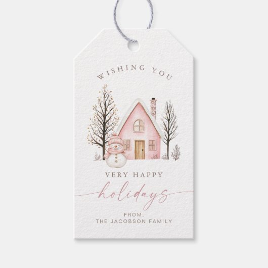 BLAIR Cute Pink House Snowman Happy  Holidays ギフトタグ (正面)