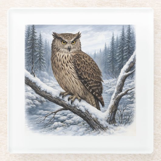 Blakiston’s Fish Owl in Winter Forest –  ガラスコースター (正面)