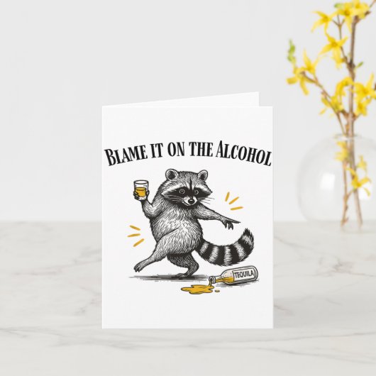Blame It On The Alcohol Drunk Raccoon Meme Trashed カード (黄色い花)