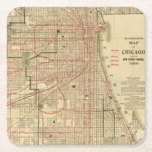 Blanchardのシカゴの地図 スクエアペーパーコースター (正面)