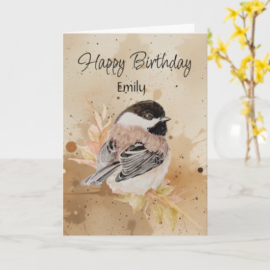 Blank Custom Name Birthday Chickadee Bird Nature カード (黄色い花)