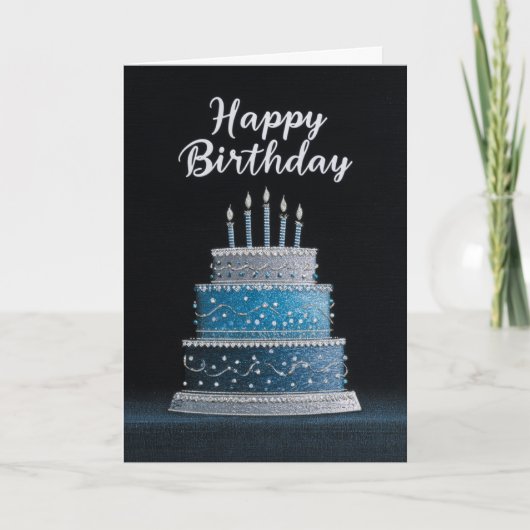 BLANK INSIDE: Blue & Silver Birthday Cake Design カード (正面)