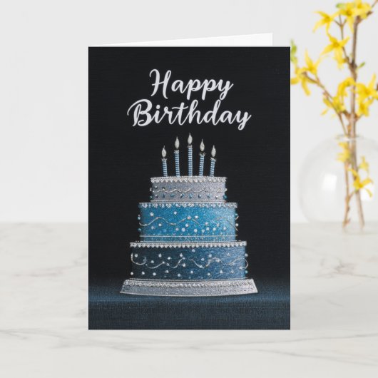 BLANK INSIDE: Blue & Silver Birthday Cake Design カード (黄色い花)