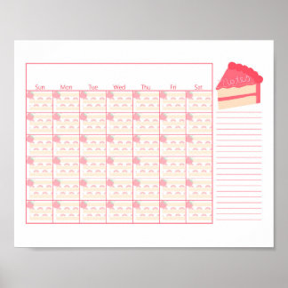 Blank Monthly Calendar Strawberry Cake Theme ポスター