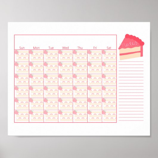 Blank Monthly Calendar Strawberry Cake Theme ポスター (正面)