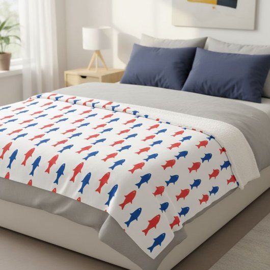 Blanket with red and blue fish, nautical design シェルパブランケット