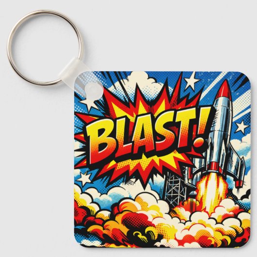 BLAST! レトロポップアートロケット爆発 キーホルダー (正面)