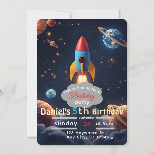 Blast Off スペース 誕生日パーティー招待状 | バースデ 招待状 (正面)