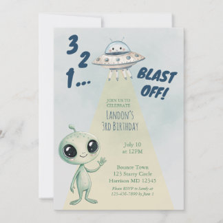 Blast Off Alien Boys Third Birthday 招待状