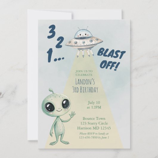 Blast Off Alien Boys Third Birthday 招待状 (正面)