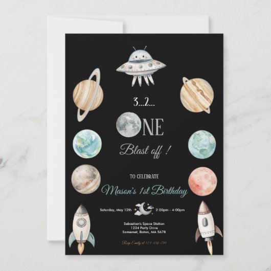 BLAST OFF BLACK SPACE AND PLANETS BIRTHDAY PARTY  招待状 (正面)