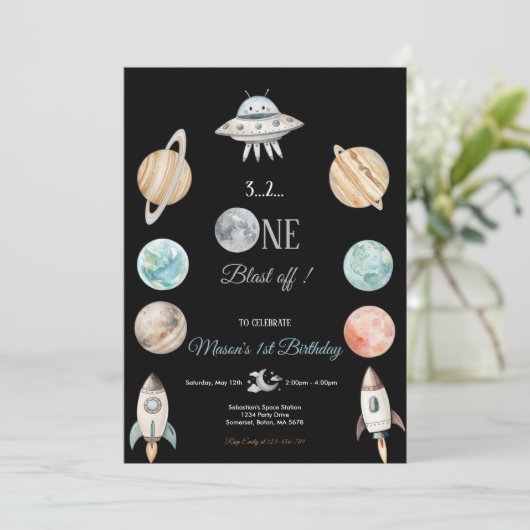BLAST OFF BLACK SPACE AND PLANETS BIRTHDAY PARTY  招待状 (スタンド正面)