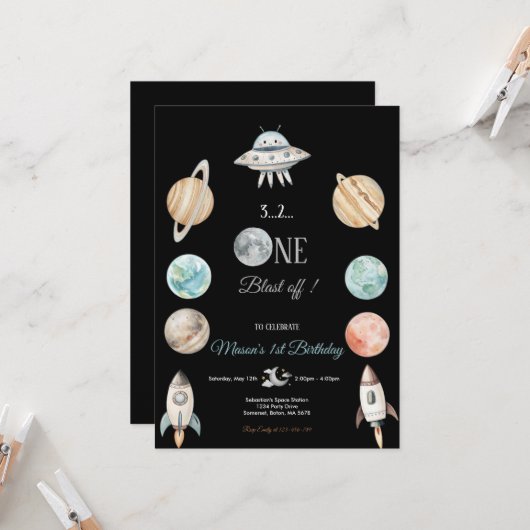 BLAST OFF BLACK SPACE AND PLANETS BIRTHDAY PARTY  招待状 (正面/裏面インサイチュ)