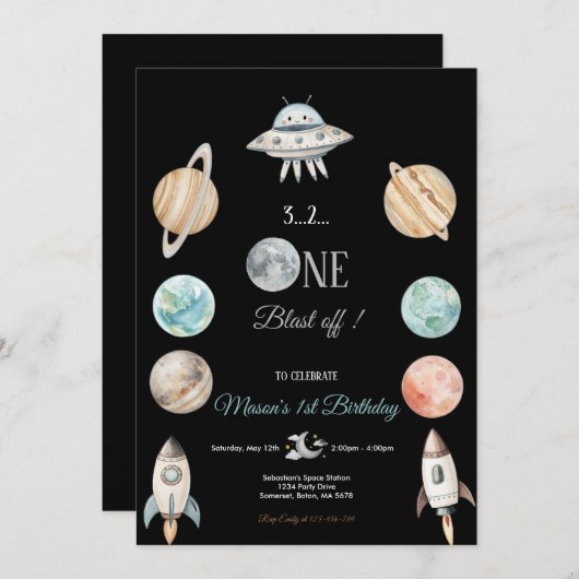 BLAST OFF BLACK SPACE AND PLANETS BIRTHDAY PARTY  招待状 (正面/裏面)