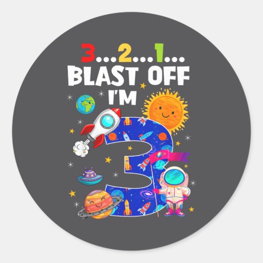 Blast Off I'm 3 Years Old 3rd Birthday Spaceship A ラウンドシール (正面)