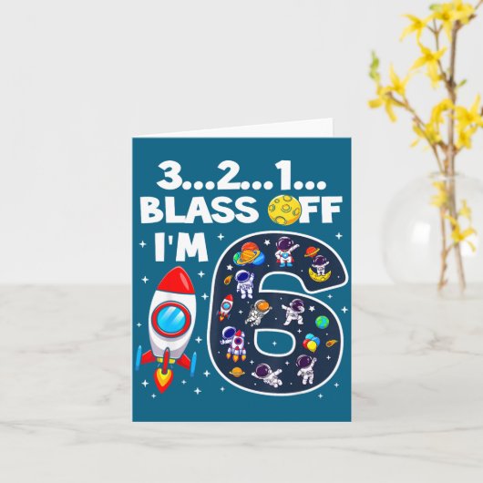 Blast Off I'm 6 Years Old 6th Birthday Spaceship A カード (黄色い花)