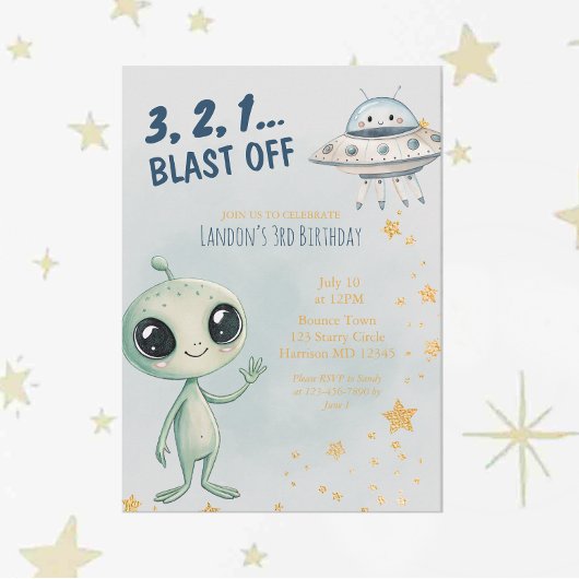 Blast Off Outer Space Boys Third Birthday 招待状