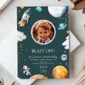 Blast Off Photo Space Theme Kids Birthday Party 招待状