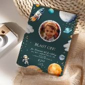 Blast Off Photo Space Theme Kids Birthday Party 招待状