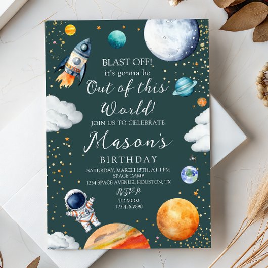 Blast Off Rocket Astronaut Outer Space Birthday 招待状