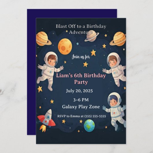 Blast Off Space Adventure Kids 6th Birthday Party  招待状 (正面/裏面)