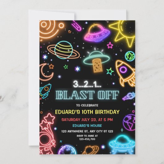 Blast Off Space Birthday Neon Outer Space Kids 招待状 (正面)