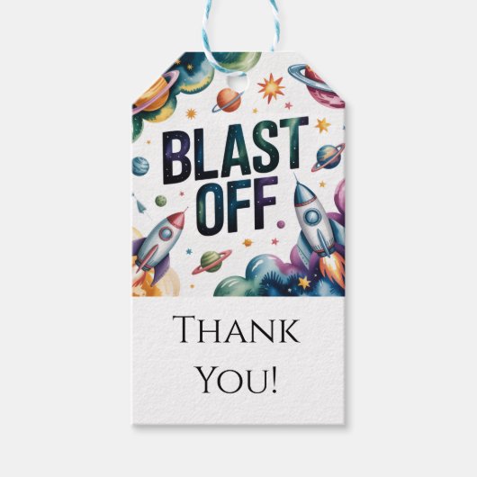Blast Off Space Boy Astronaut Birthday Party ギフトタグ (正面)