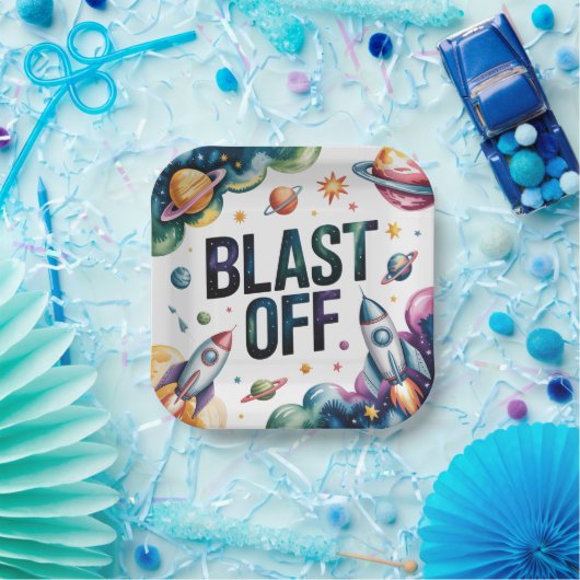 Blast Off Space Boy Astronaut Birthday Party ペーパープレート (パーティー)