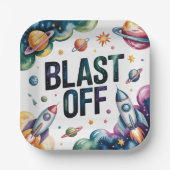 Blast Off Space Boy Astronaut Birthday Party ペーパープレート (正面)
