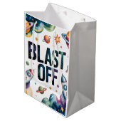 Blast Off Space Boy Astronaut Birthday Party ミディアムペーパーバッグ (正面アングル)