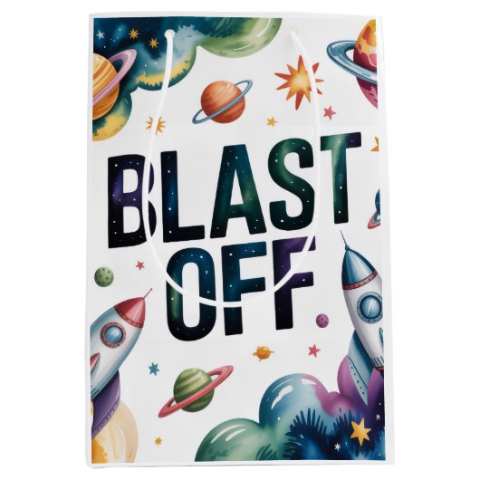Blast Off Space Boy Astronaut Birthday Party ミディアムペーパーバッグ (正面)