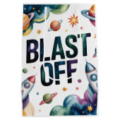 Blast Off Space Boy Astronaut Birthday Party ミディアムペーパーバッグ (裏面)