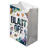 Blast Off Space Boy Astronaut Birthday Party ミディアムペーパーバッグ (裏面アングル)