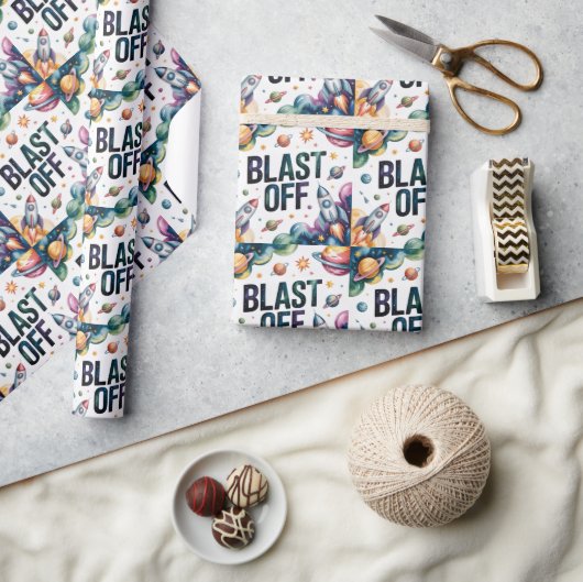 Blast Off Space Boy Astronaut Birthday Party ラッピングペーパー (クラフト)