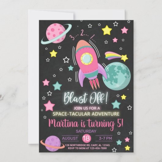 Blast off, space-tacular girl birthday invitation. 招待状 (正面)