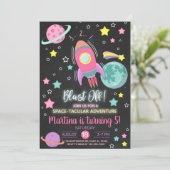 Blast off, space-tacular girl birthday invitation. 招待状 (スタンド正面)
