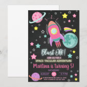 Blast off, space-tacular girl birthday invitation. 招待状 (正面/裏面)
