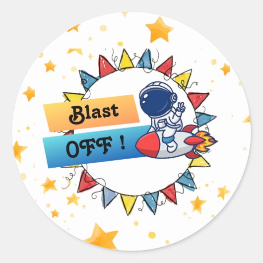 Blast Off Stickers -誕生日好意バッグまたはギフト ラウンドシール (正面)